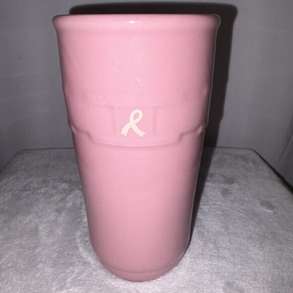 Longaberger Tall Coffee Mug Cup Pink Pottery Breast Cancer Awareness EUC - Picture 2 of 5